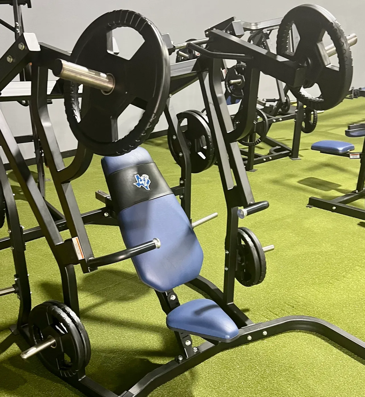 Plate-loaded selectorized strength equipment on green performance turf at The Athlete's Gym Houston
